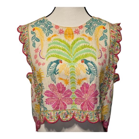 Farmrio Fruits Queen Crop Top 100% Linen Womens Size Medium Embroidered Tropical - Picture 1 of 10